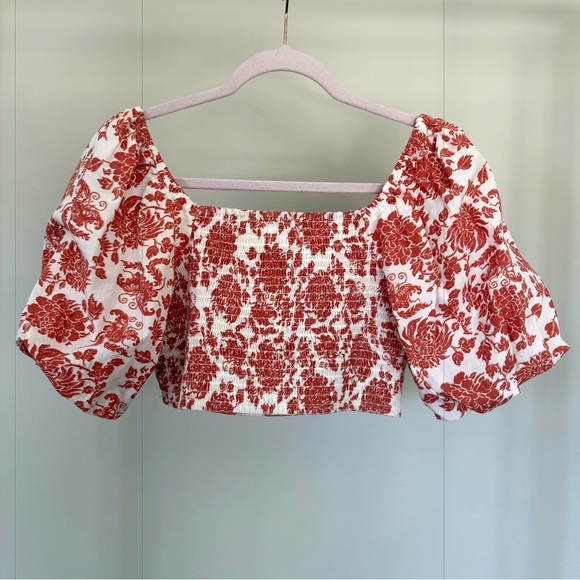 Japna Red and White Floral Puff Sleeve Blouse - Picture 2 of 3